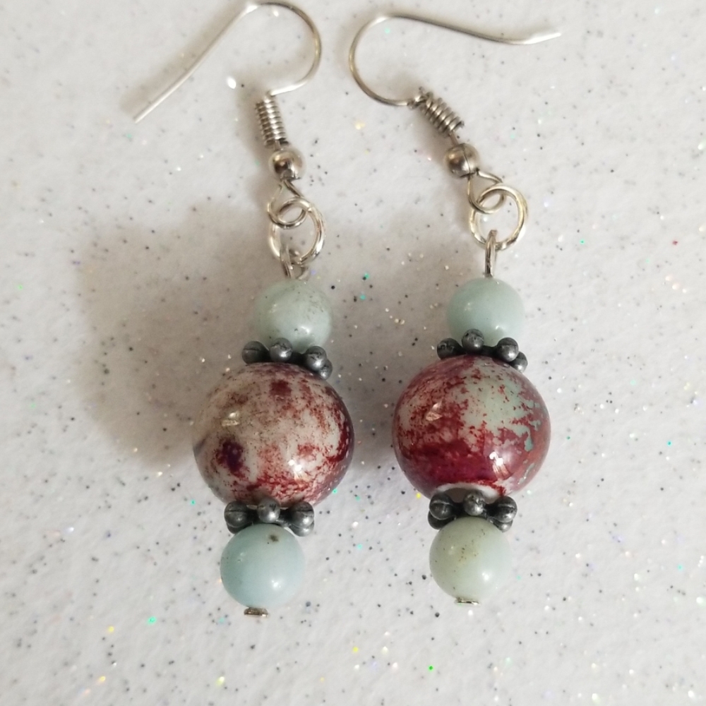 New! Burgundy, blue and cream colored earrings